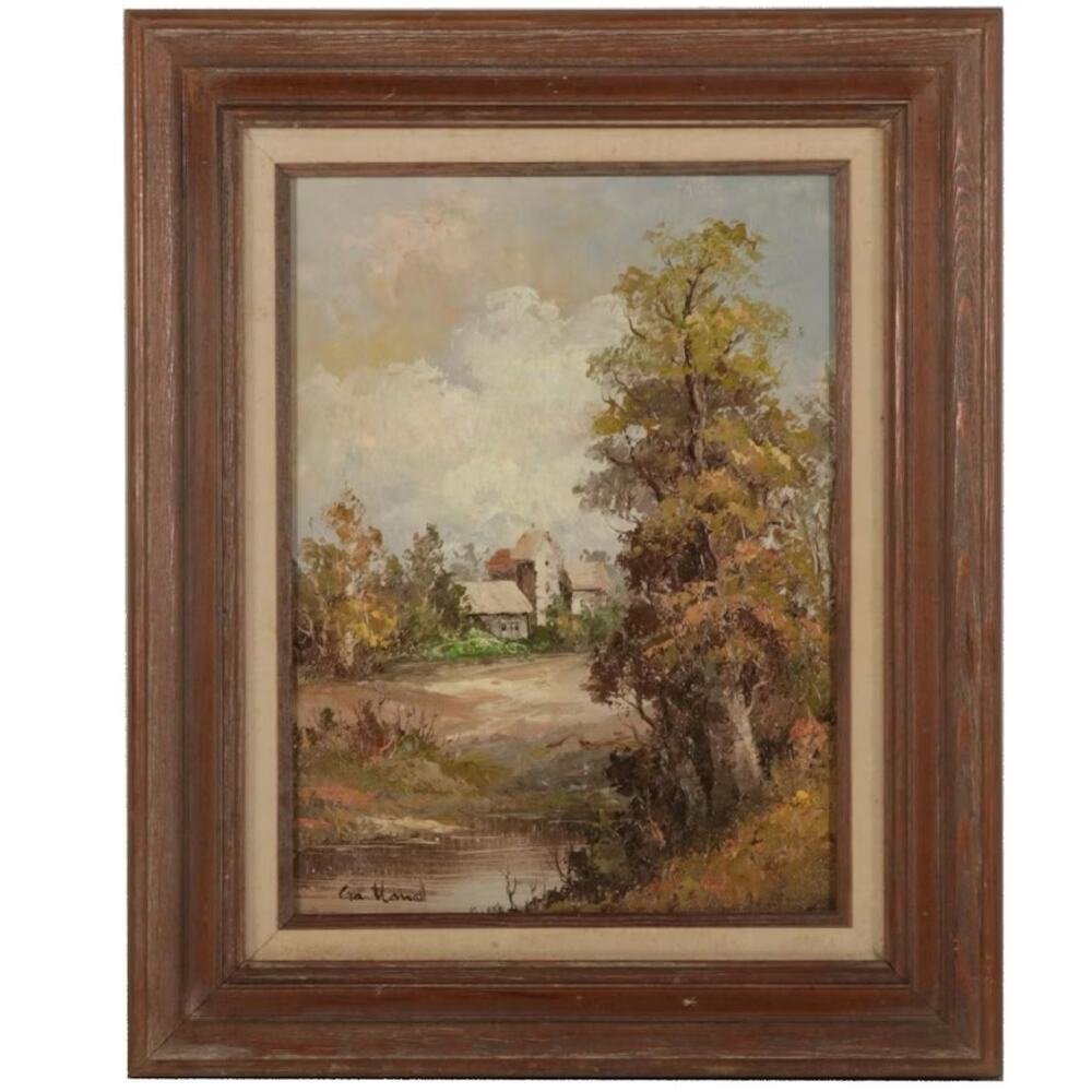 Oil Painting of Rural Pond and Distant Cottages, Mid-Late 20th Century